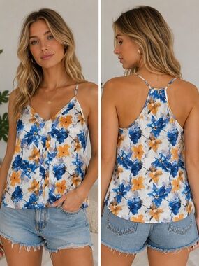 Ekouaer Watercolor Floral Satin Cami Tank Top Women’s Small Boho Summer Vacation